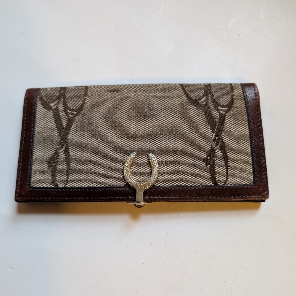 Vintage Equestrian Style Brown and Tan Wallet with Gold Accent In VGUC